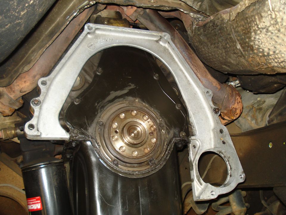 Transmission bell housing and flywheel assembly from below