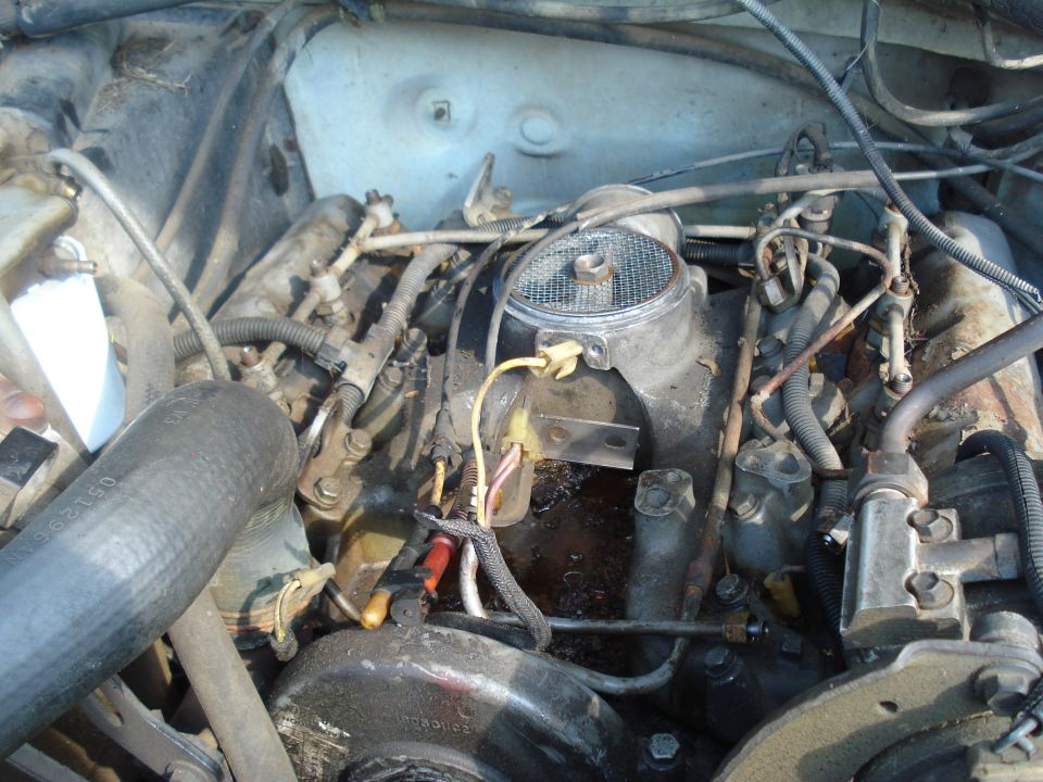 Close-up of diesel engine parts, fuel lines, and wiring. A large hose is on the left
