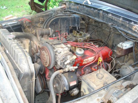 1984 Ford F-250 - The engine bay of a vehicle, showing the V8 engine and associated components.