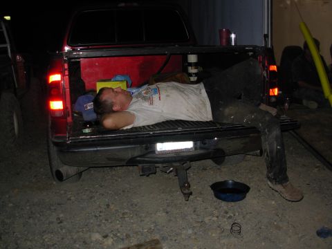 1983 Ford Bronco - Gordon sleeping off some Maker's Mark while his front diff is being rebuilt Wed night.