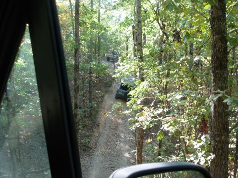 1983 Ford Bronco - Multiple SUVs navigate a narrow, wooded dirt path during an off-road excursion.