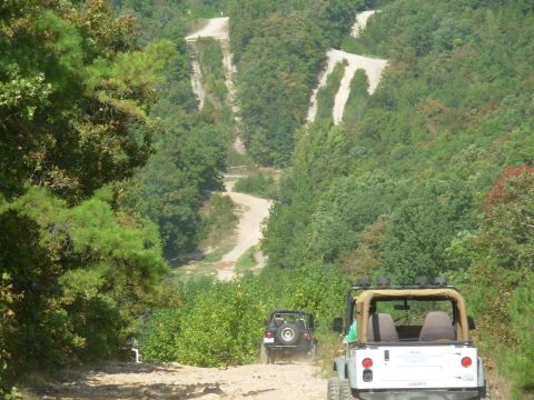 1983 Ford Bronco - Two off-road vehicles navigate a winding dirt path through a wooded, hilly terrain.