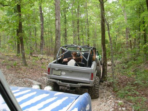 1983 Ford Bronco - A gray 1983 Ford Bronco with a roll cage navigates a wooded trail, followed by another vehicle.