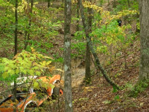 1983 Ford Bronco - An orange off-road vehicle is parked on a dirt path in a forest with autumn foliage.