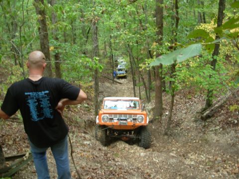 1983 Ford Bronco - An orange 1970 Ford Bronco navigates a wooded trail, followed by other vehicles.