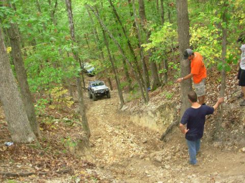 1983 Ford Bronco - Off-road vehicles navigate a challenging dirt path through a dense forest.