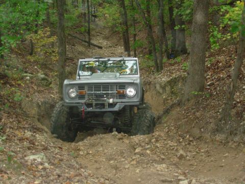 1983 Ford Bronco - This modified Ford Bronco navigates a challenging off-road trail surrounded by trees.