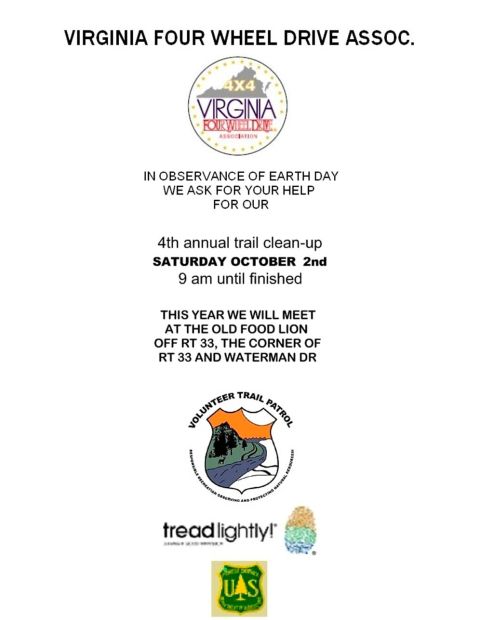 1996 Ford Bronco - This document details an upcoming trail clean-up event organized by the Virginia Four Wheel Drive Association.