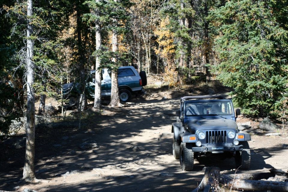 1996 Ford Bronco and a Jeep Wrangler on a forest trail
