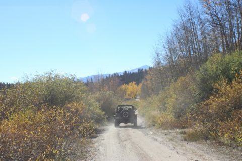 1996 Ford Bronco - A Jeep Wrangler drives down a dusty dirt road surrounded by autumn foliage under a clear blue sky.