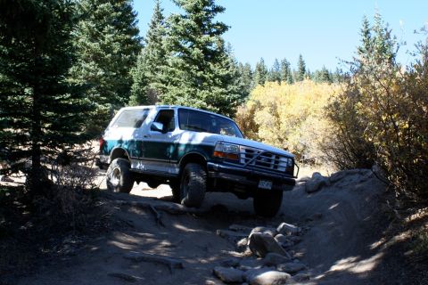 1996 Ford Bronco - A Ford Bronco navigates a challenging off-road path with trees and foliage in the background.