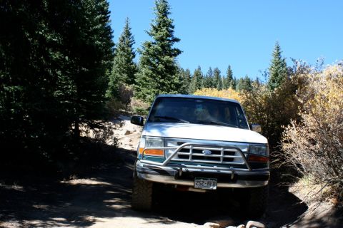 1996 Ford Bronco - A white Ford Bronco drives on a rocky dirt road surrounded by trees and foliage under a clear blue sky.