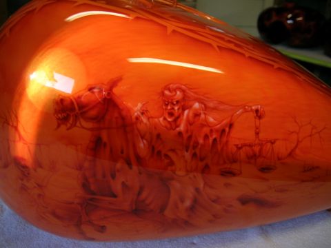 2010 Harley-Davidson Electra Glide - This motorcycle gas tank features an airbrushed design of a demonic figure riding a horse and holding scales.