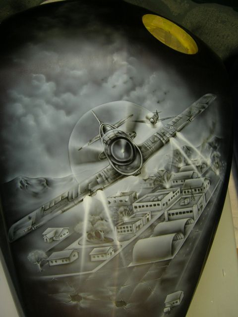 2010 Harley-Davidson Electra Glide - Airbrushed motorcycle gas tank depicts a WWII bombing raid scene with multiple aircraft.