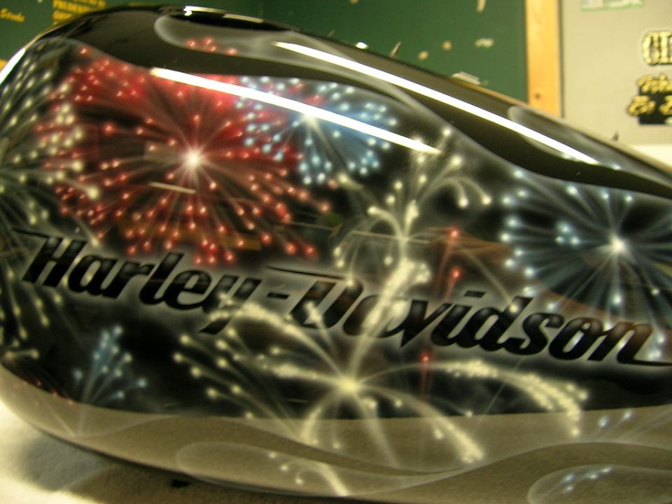 Harley-Davidson fuel tank with fireworks paint job