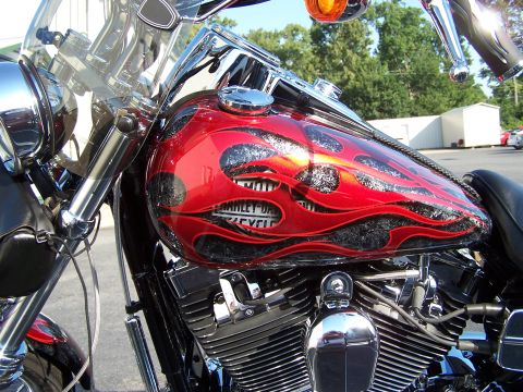 2010 Harley-Davidson Electra Glide - Close-up of a motorcycle's fuel tank a flame paint job and Harley-Davidson branding.