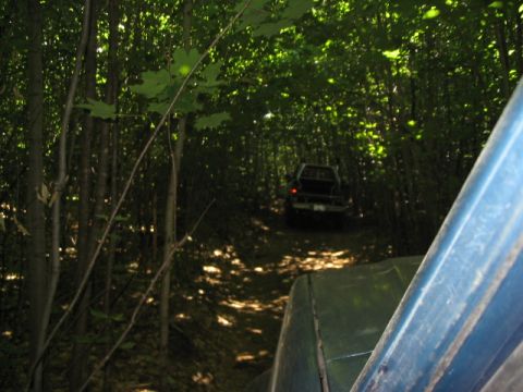 1986 Ford Bronco - Two trucks navigate a wooded trail, with one vehicle visible in the distance.