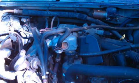 1987 Ford Bronco - The engine bay of a 1987 Ford Bronco, showing various hoses and components.