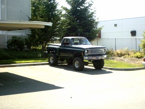 1976 Chevrolet C/K Pickup - A lifted dark green pickup truck is parked in a lot, showing its front and side profile.