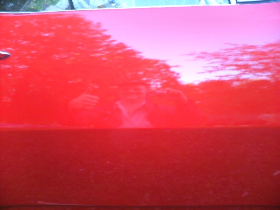 Reflection of trees and a person in a shiny red car door