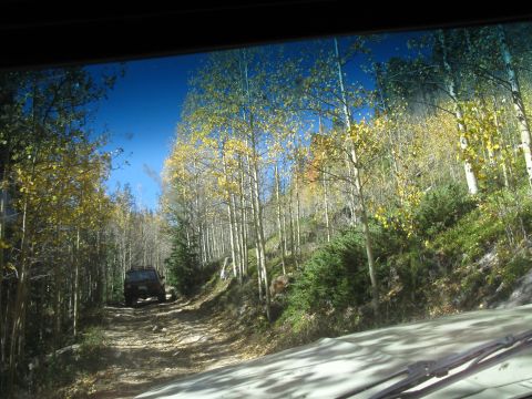 1978 Ford Bronco - A dark SUV navigates a winding dirt road surrounded by trees with yellowing leaves under a bright blue sky.