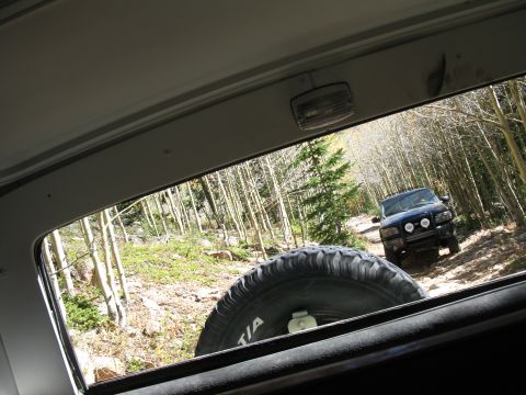 1978 Ford Bronco - A dark blue SUV navigates a wooded trail, with a spare tire visible in the foreground.
