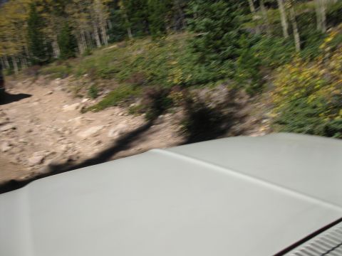 1978 Ford Bronco - A gray car roof is visible in the foreground, with a dirt road and trees in the background.