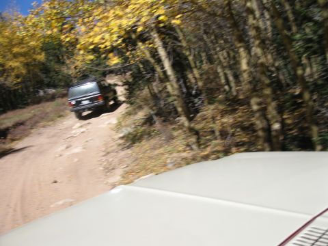1978 Ford Bronco - A 1978 Ford Bronco navigates a rocky dirt road through autumn trees.