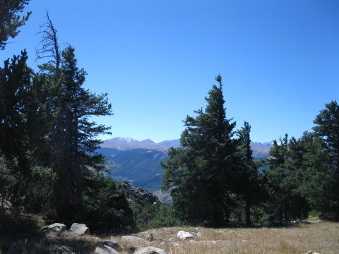 1978 Ford Bronco - A scenic view of mountains and evergreen trees under a bright blue sky, with a watermark at the bottom right.
