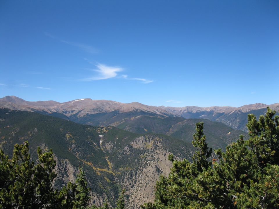 Mountain range under a clear blue sky with scattered clouds, foreground pine trees