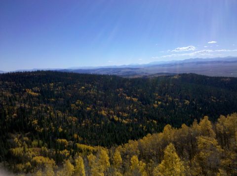 1996 Ford Bronco - Expansive view of a forested mountain range during autumn, with a clear blue sky above.