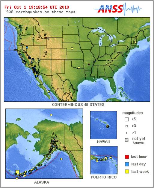Earthquake map of the US, Alaska, Hawaii, and Puerto Rico showing earthquake locations and magnitudes