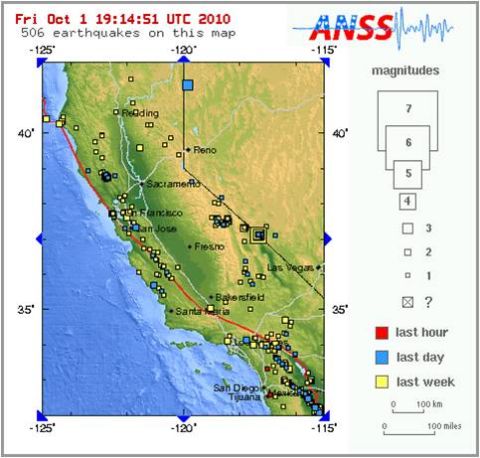 1972 Ford Ranchero - Regional seismic activity map of California showing earthquake locations and magnitudes, not a vehicle technical document.