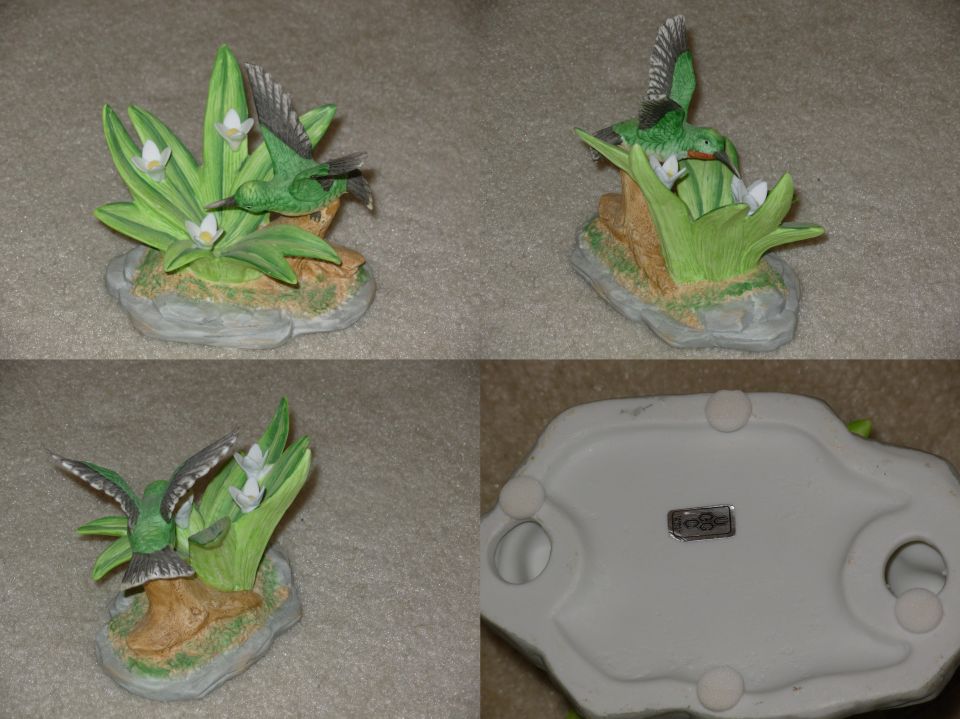 Porcelain hummingbird and lily figurine shown from three angles plus maker's mark
