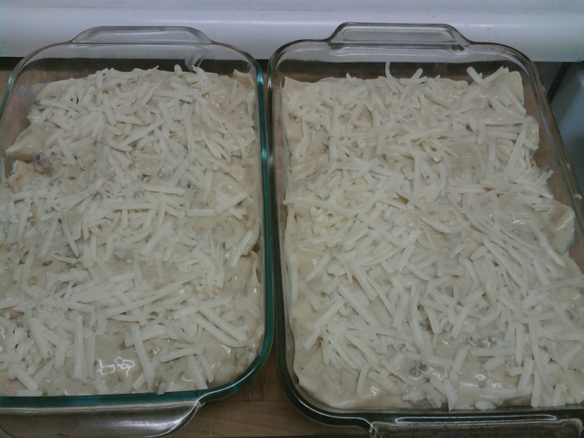 Two glass baking dishes filled with food and topped with shredded cheese, viewed from above