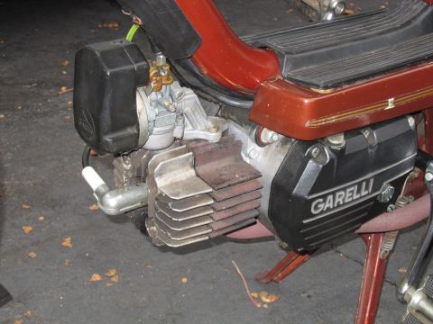 1981 Garelli Rally Sport - Close-up view of the engine and casing on a Garelli moped.