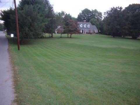 1971 Ford Ranchero - A suburban home sits on a large, well-kept lawn with a paved road visible to the left.