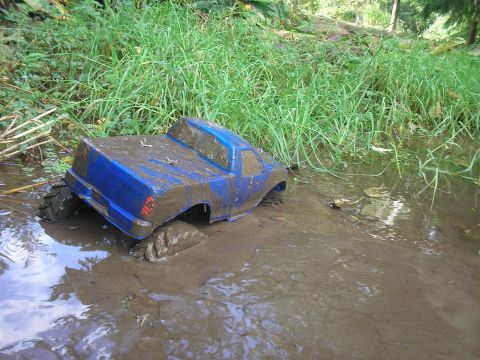 1994 Ford Escort - A blue remote-controlled truck body is stuck in muddy water with tall grass in the background.