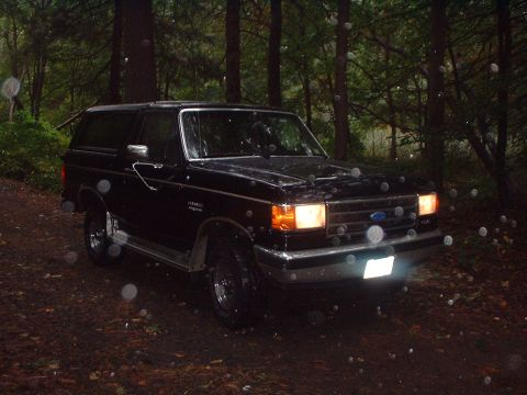 1989 Ford Bronco - A black 1989 Ford Bronco sits parked on a dirt path surrounded by trees, with raindrops visible in the air.