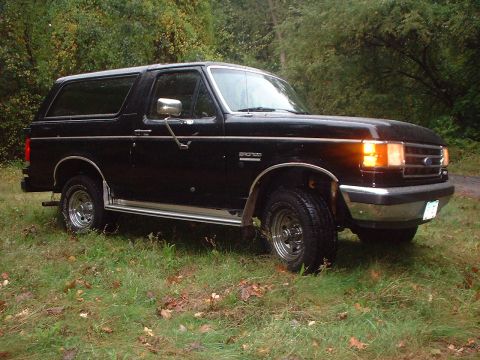 1989 Ford Bronco - This black Ford Bronco is parked on a grassy area surrounded by trees.