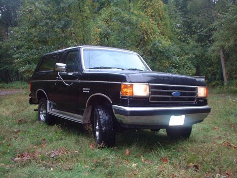1989 Ford Bronco - This black Ford Bronco is parked on a grassy area with trees in the background.