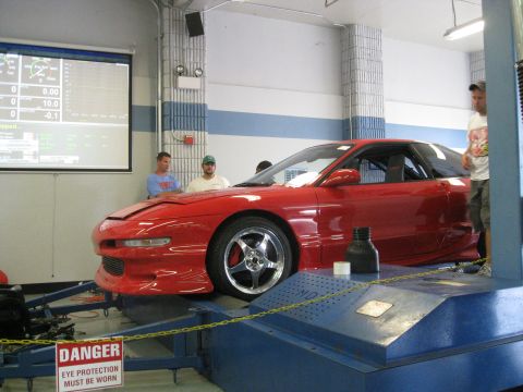1994 Ford Probe - Red 1994 Ford Probe undergoing testing on a dynamometer in a workshop.