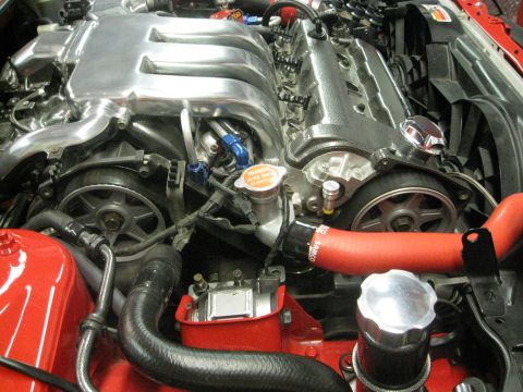 1994 Ford Probe - Close-up view of a modified engine bay a polished intake manifold and bright red hoses.