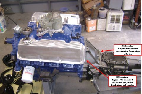 1972 Ford Ranchero - Engine and transmission assembly with VIN location labels pointing to the engine block and transmission housing.