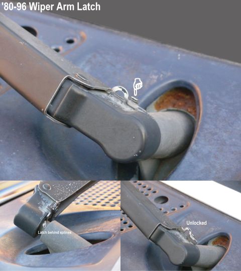 1983 Ford Bronco - To remove a wiper arm, lift it away from the glass and slide the latch up to hold the arm. Then pull the arm & its base straight off the sp…