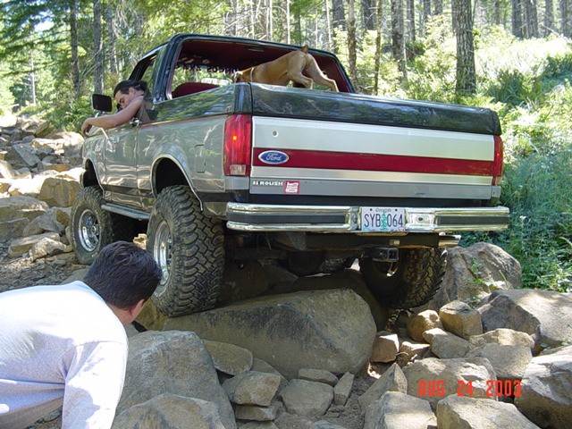 Two-tone Ford pickup truck climbing rocks off-road with dog in bed