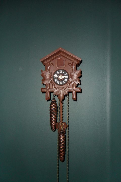 1978 Ford Bronco - A traditional cuckoo clock with Roman numerals on its face hangs on a wall, decorative pinecone weights and chains.