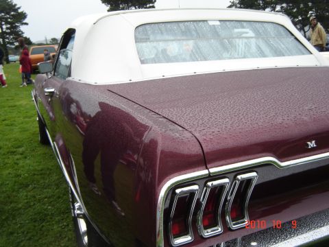 1993 Ford Bronco - A maroon 1967 Ford Mustang convertible with a white top is seen from the rear, with water droplets on its surface.