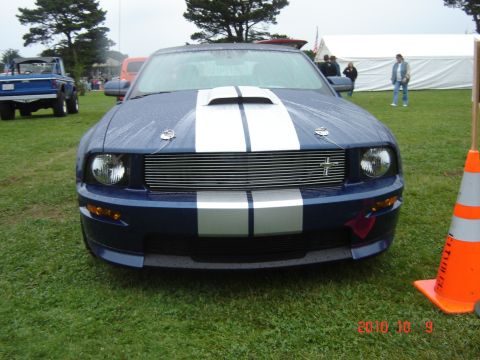 1993 Ford Bronco - A blue Ford Mustang with white racing stripes is parked on grass, with a blue Ford Bronco in the background.