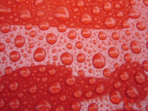 1993 Ford Bronco - Water droplets form a pattern on the red paint of a vehicle.